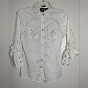 Roar (Size S) Ivory Stretch Blend Embellished Button-Up Roll Tab Sleeves Shirt
